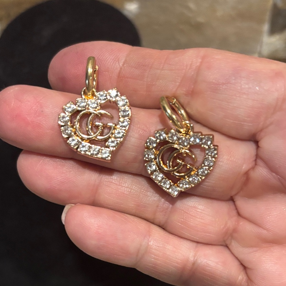 Gold & Crystal GG Heart Earrings - Picture 3 of 5